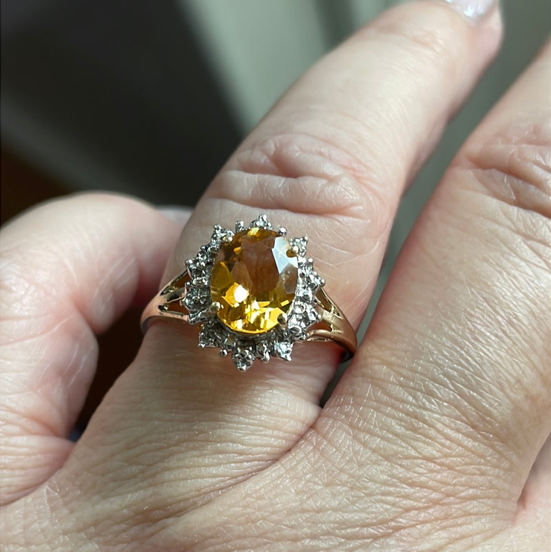 Citrine Diamond Halo Ring - 10k Gold - Vintage