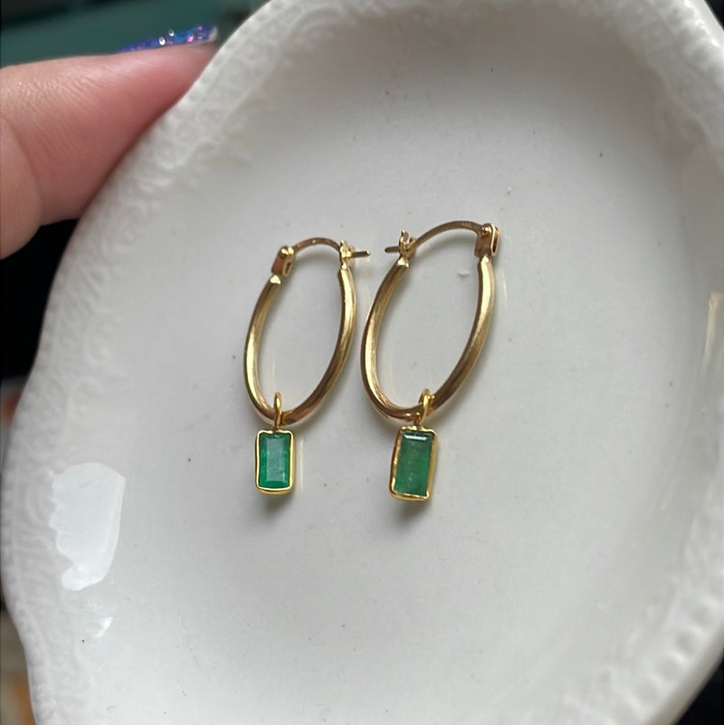 Emerald Oval Hoop Drop Earrings - 14k Gold Hoops and 18k Gold Drops - Vintage