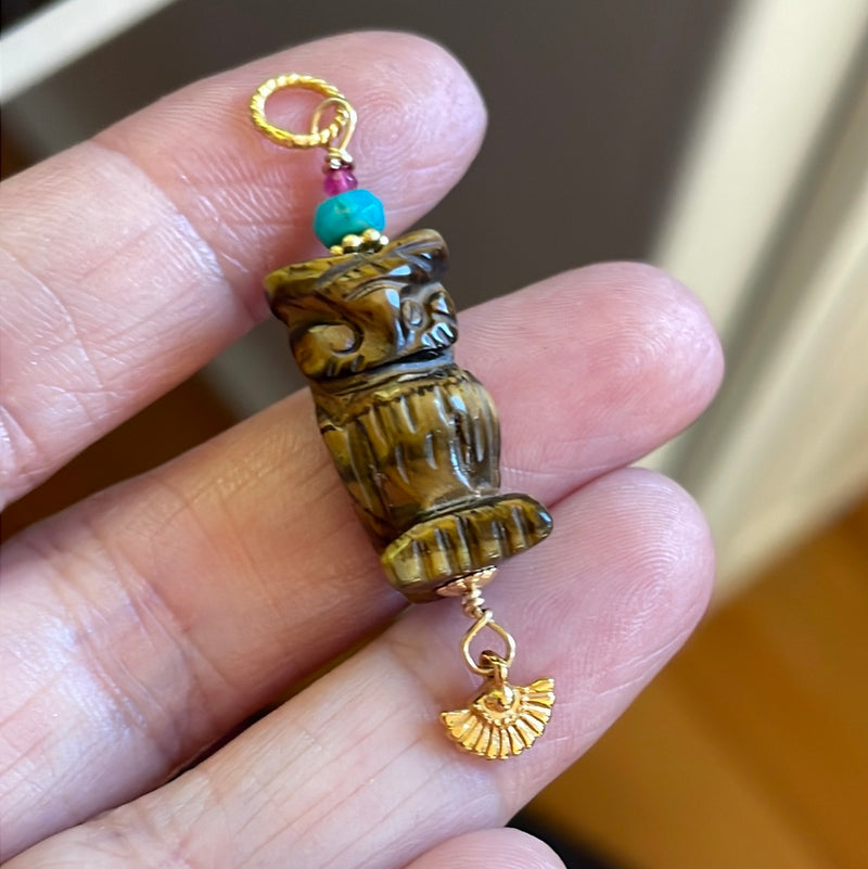 Carved Owl Pendant - Tiger’s Eye - Ruby and Turquoise - Gold Filled - Handmade