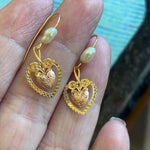 Engraved Heart Earrings - Pearl, Rose and Yellow Gold - 14k Gold - Vintage