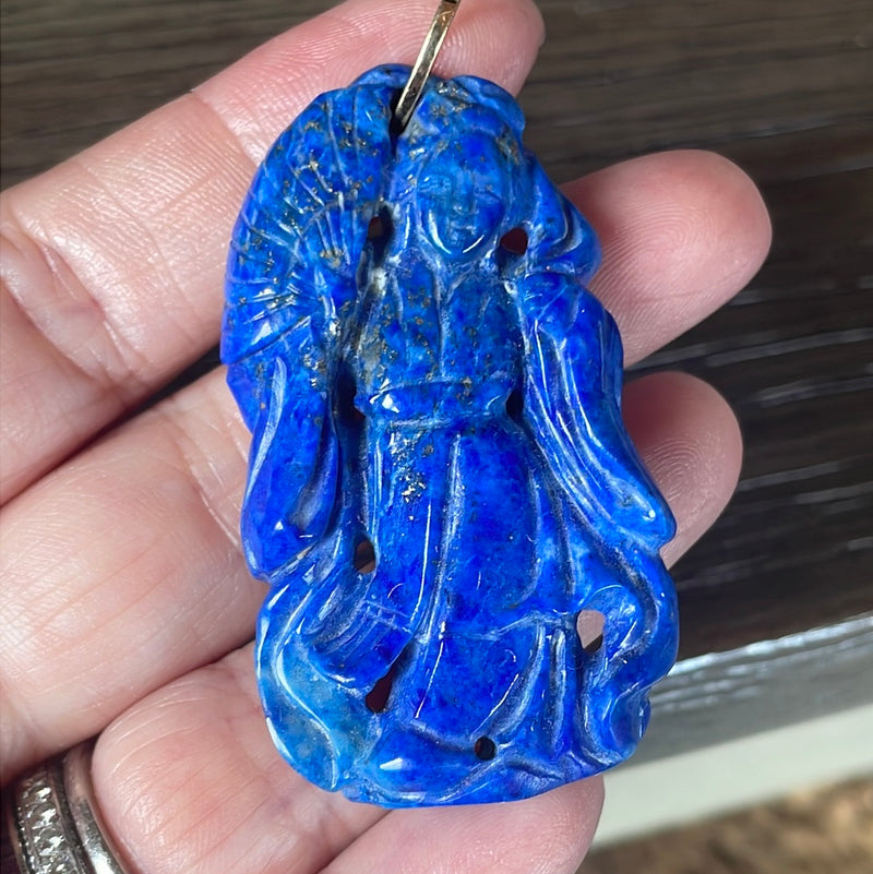 Carved Lapis Geisha Pendant - 14k Gold - Vintage