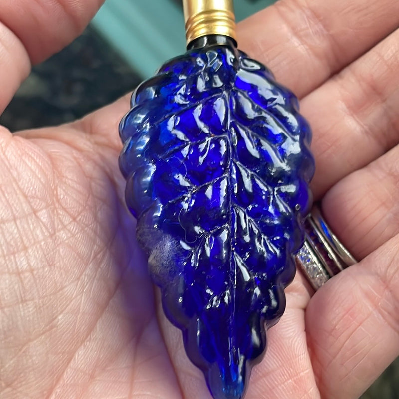 Cobalt Glass Leaf Bottle - Vintage