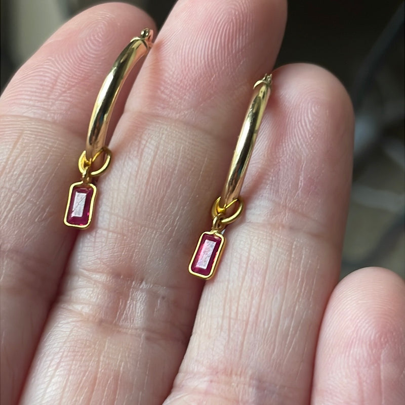 Ruby Hoop Earrings - 14k Gold Hoops - 18k Gold Drops - As Is