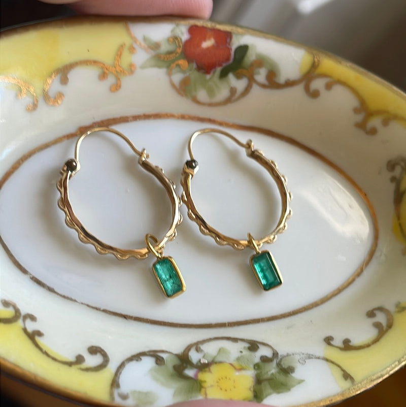 Emerald Hoop Drop Earrings - 14k Wavy Hoops and 18k Gold Drops - Vintage