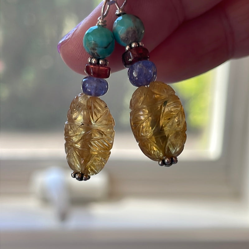 Carved Citrine Earrings - Turquoise, Garnet and Tanzanite - Sterling Silver - Vintage