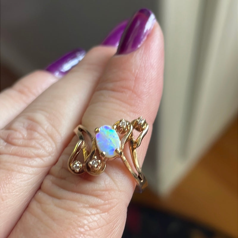 Opal Diamond Flourish Ring - 10k Gold - Vintage