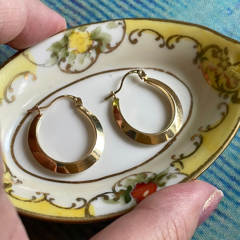 Large Flattened Hoop Earrings - 14k Gold - Vintage