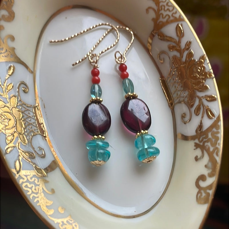 Garnet, Apatite, Indicolite and Coral Earrings - Gold Filled - Handmade