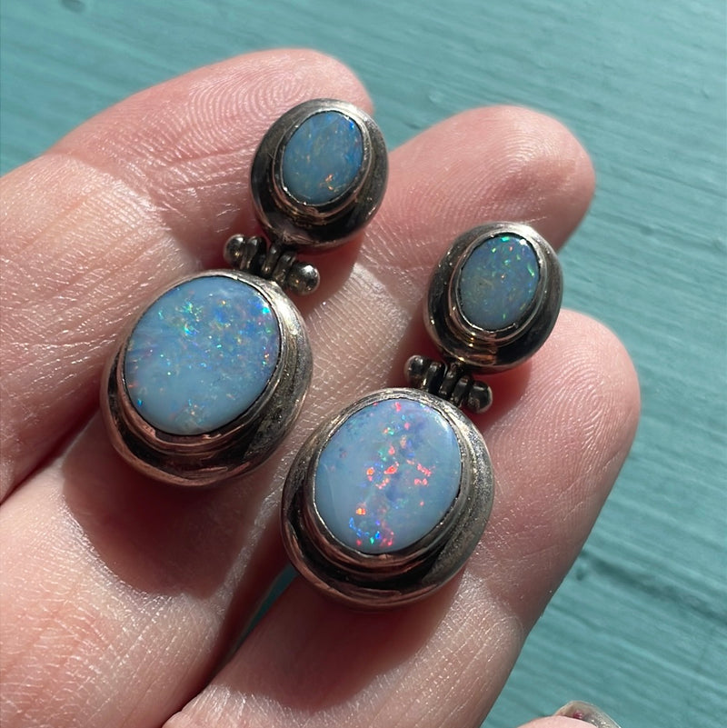 Opal Drop Earrings - Sterling Silver - Vintage