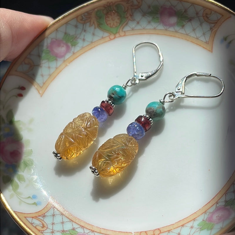 Carved Citrine Earrings - Turquoise, Garnet and Tanzanite - Sterling Silver - Vintage