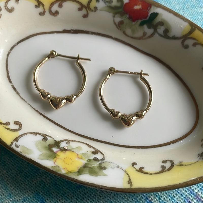 Triple Heart Hoop Earrings - 10k Gold - Vintage