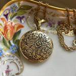 Engraved Flower Locket - Gold Filled - Antique