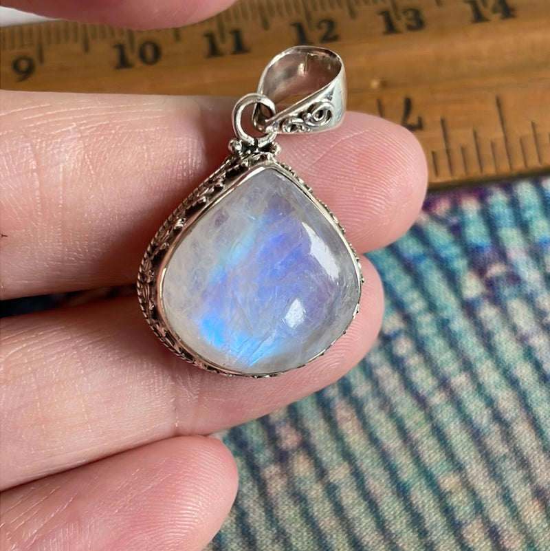 Moonstone Teardrop Pendant - Closed Back - Sterling Silver - Modern