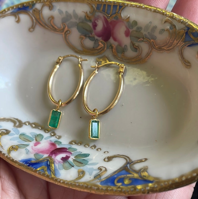 Emerald Oval Hoop Drop Earrings - 14k Gold Hoops and 18k Gold Drops - Vintage