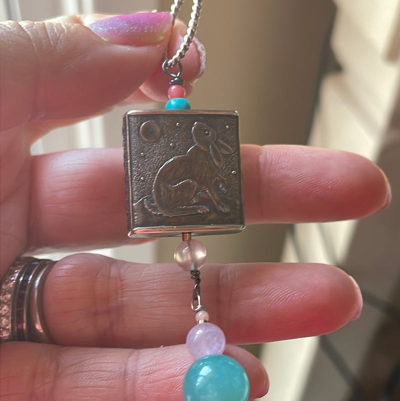 Lucky Rabbit Talisman Pendant - Anne Choi Collectable Bead - Amazonite, Moonstone, Coral and Kunzite - Sterling Silver - Handmade