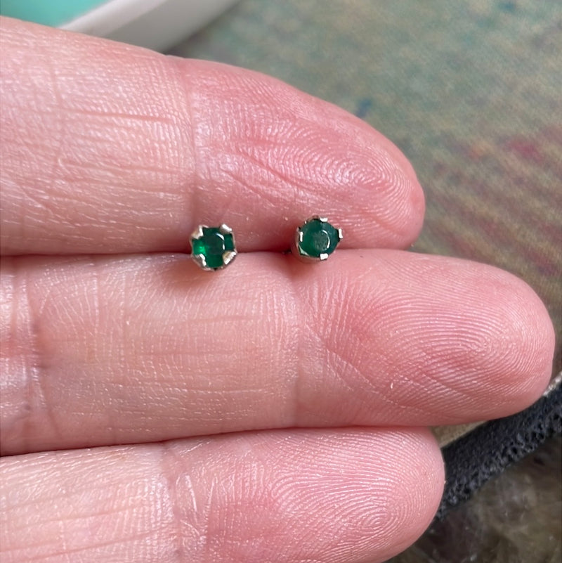 Emerald Stud Earrings - Sterling Silver - Vintage