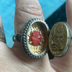 Jade Poison Ring - Carved Coral Buddha - Sterling Silver - Vintage