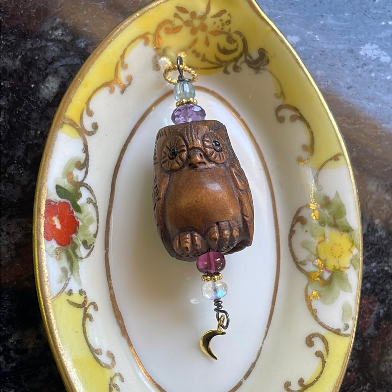 Carved Owl Pendant - Netsuke - Moonstone, Garnet, Amethyst and Fluorite - Gold Filled Moon - Sterling and Gold filled findings