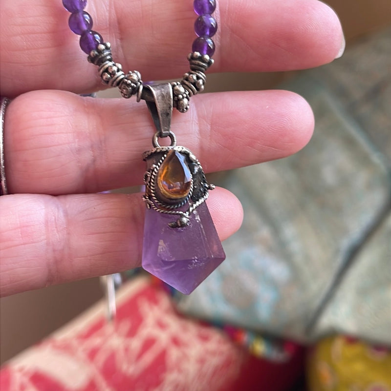 Amethyst Ametrine Necklace - Beaded - Sterling Silver - Vintage