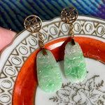 Carved Jade Good Fortune Earrings - 14k Gold - Vintage