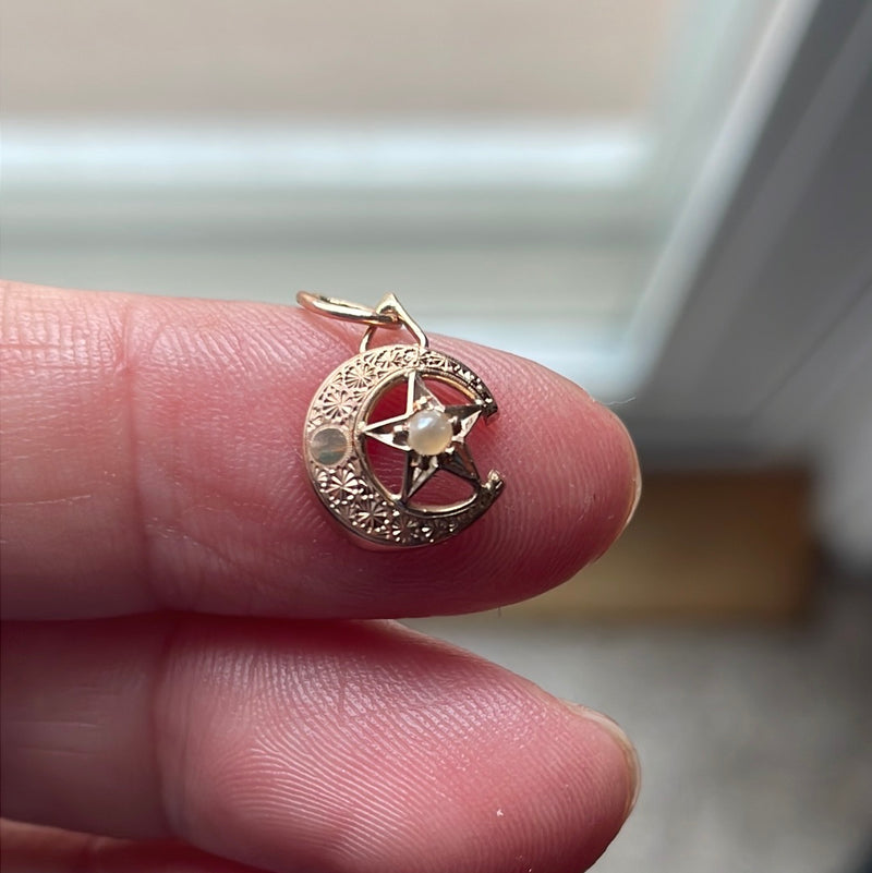 Pearl Moon Star Pendant - 14k Rose Gold - Vintage