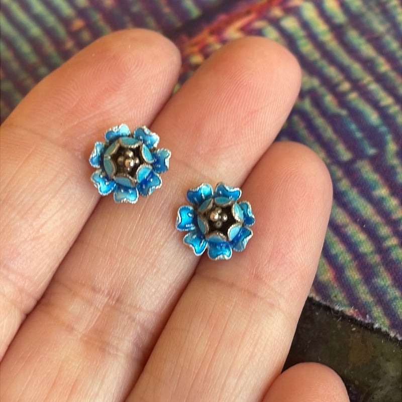 Enamel Flower Stud Earrings - Sterling Silver - Vintage