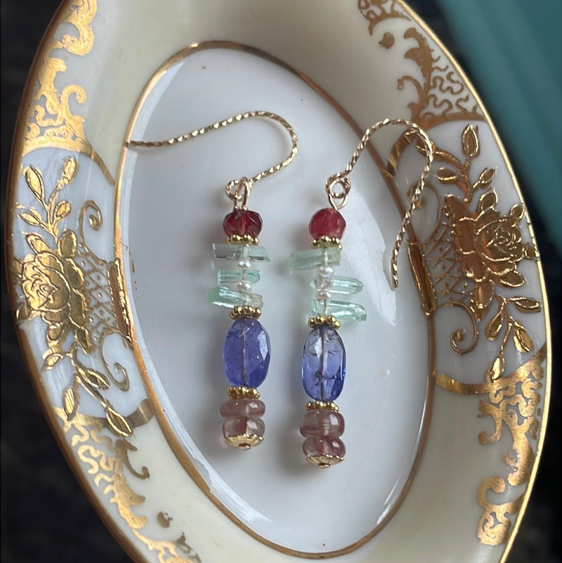 Emerald, Tanzanite, Andesine Labradorite and Seed Pearl Earrings - Gold Filled - Handmade