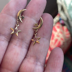 Moon Star Dangle Earrings - 14k Gold - Vintage