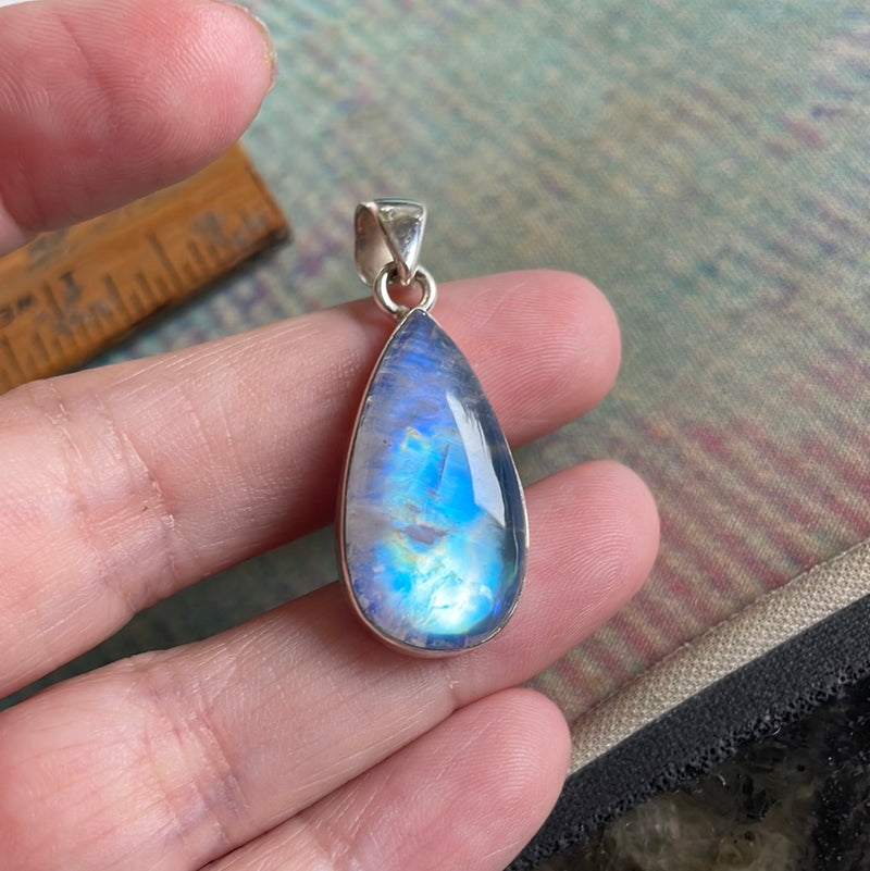 Moonstone Teardrop Pendant - Closed Back - Sterling Silver - Modern