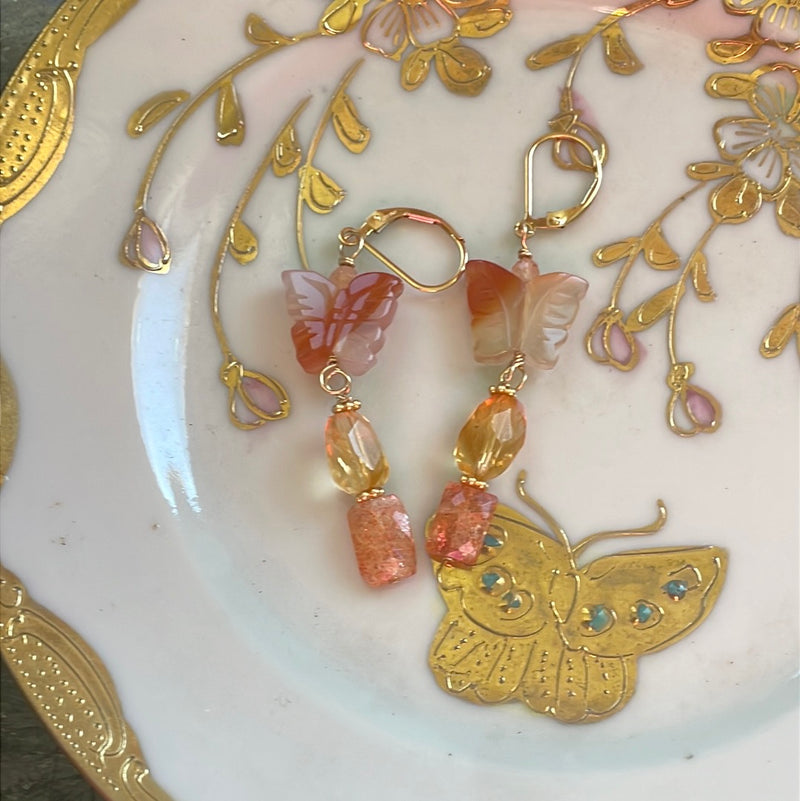 Butterfly Earrings - Citrine, Carnelian and Sunstone - Gold Filled - Handmade