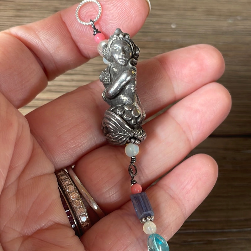 Mermaid Pendant - Apatite, Kyanite, Opal, Pearl and Coral - Pewter and Sterling Silver - Handmade