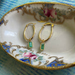 Emerald Oval Hoop Drop Earrings - 14k Gold Hoops and 18k Gold Drops - Vintage