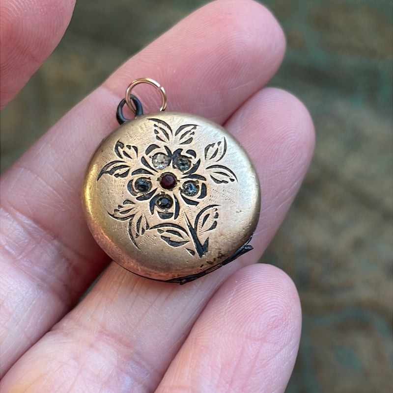 Paste Flower Locket - Gold Filled - Antique