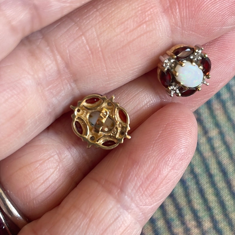 Garnet Opal Diamond Stud Earrings - 10k Gold - Vintage