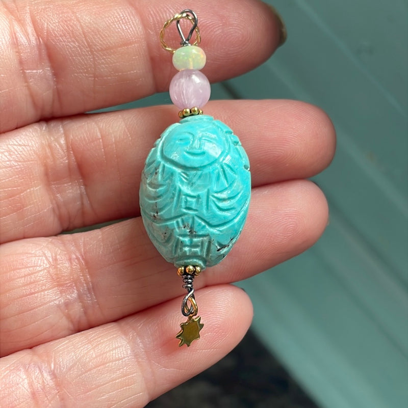 Carved Turquoise Buddha Pendant - Lavender Jade and Opal - Star Drop - Gold Filled - Handmade