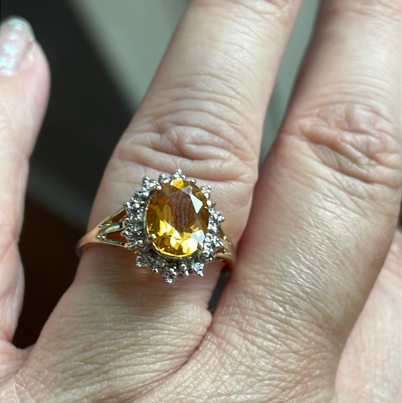 Citrine Diamond Halo Ring - 10k Gold - Vintage