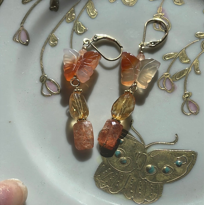 Butterfly Earrings - Citrine, Carnelian and Sunstone - Gold Filled - Handmade