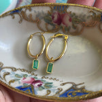 Emerald Oval Hoop Drop Earrings - 14k Gold Hoops and 18k Gold Drops - Vintage