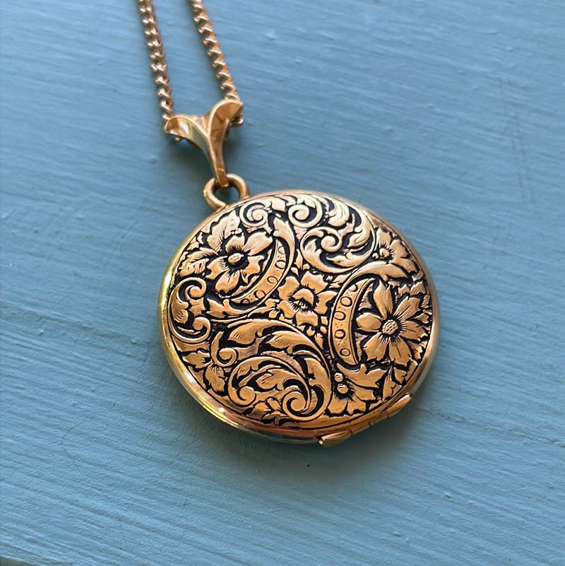 Engraved Flower Locket - Gold Filled - Vintage