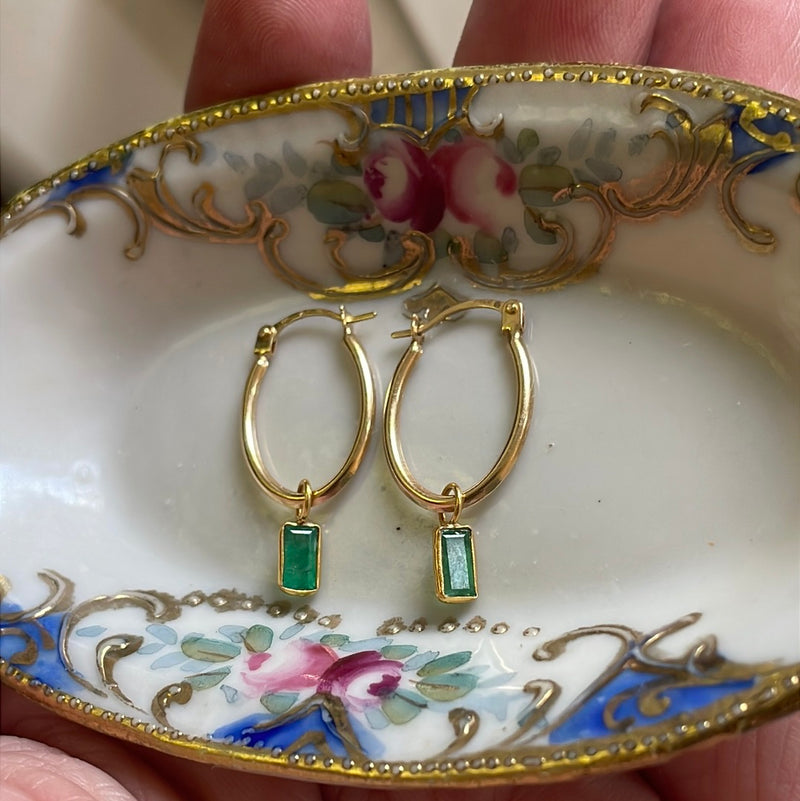 Emerald Oval Hoop Drop Earrings - 14k Gold Hoops and 18k Gold Drops - Vintage