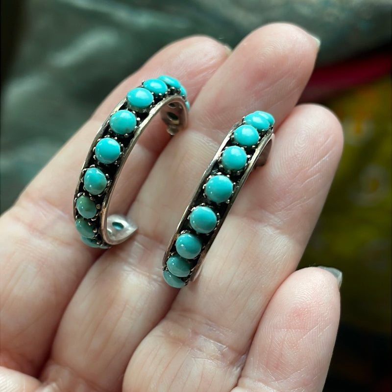 Turquoise Hoop Earrings - Sterling Silver - Vintage