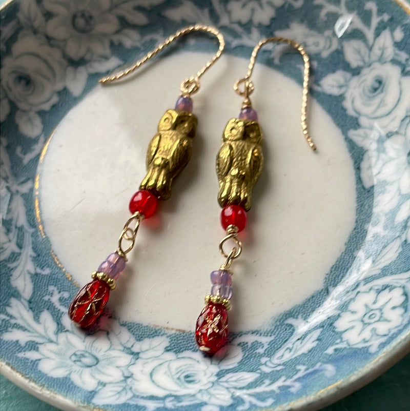 Celestial Owl Earrings - Bohemian Glass - Gold Filled - Handmade