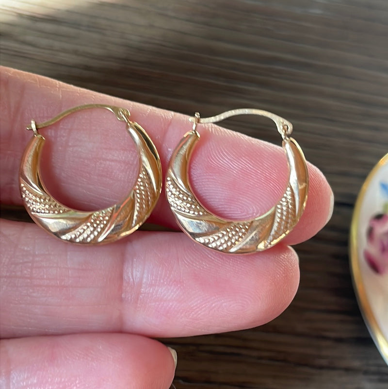 Flattened Patterned Hoop Earrings - 10k Gold - Vintage