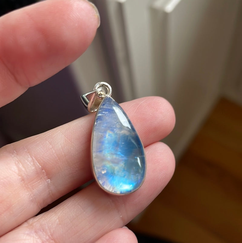 Moonstone Teardrop Pendant - Closed Back - Sterling Silver - Modern