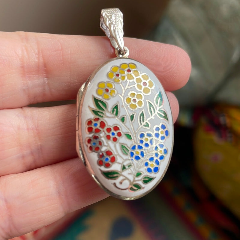 Enamel Sterling Flower Locket - Vintage