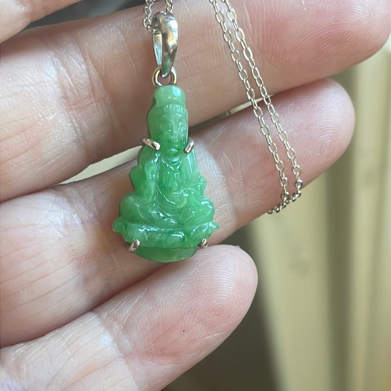 Carved Jade Buddha Pendant - 10k Gold - Sterling Chain - Vintage