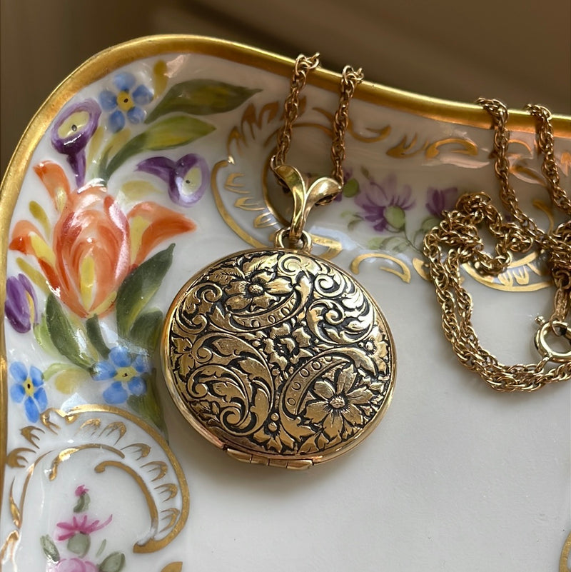 Engraved Flower Locket - Gold Filled - Antique