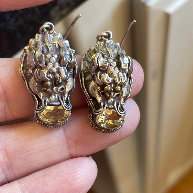 Citrine Dragon Earrings - Sterling Silver - Vintage