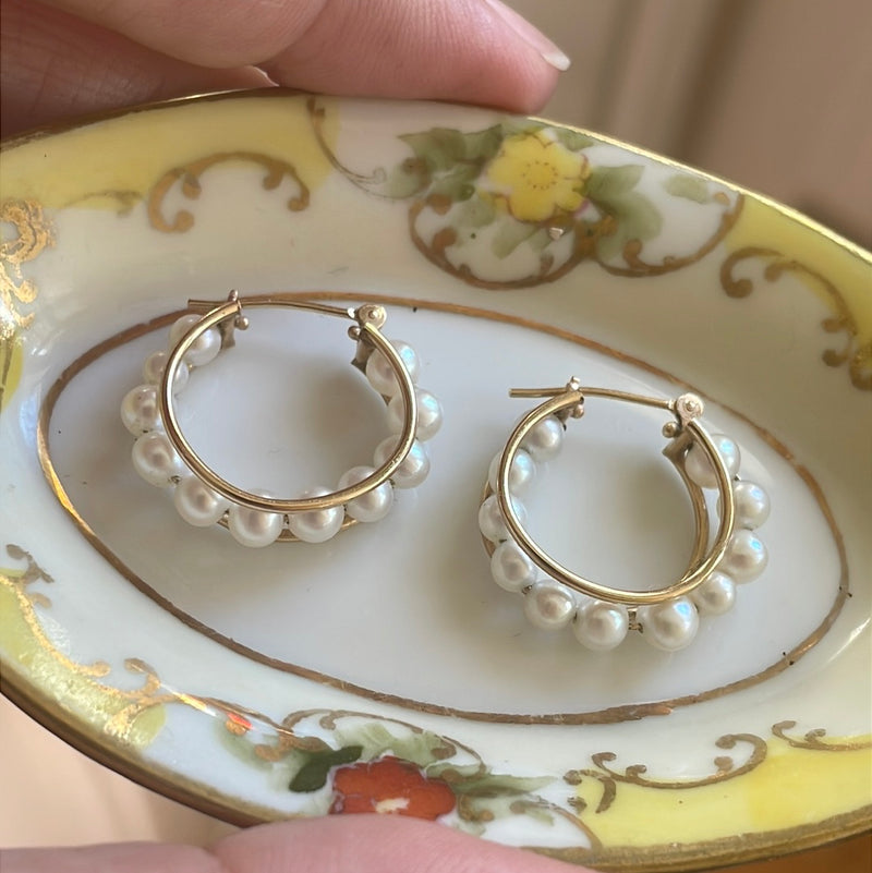 Pearl Hoop Earrings - 10k Gold - Vintage