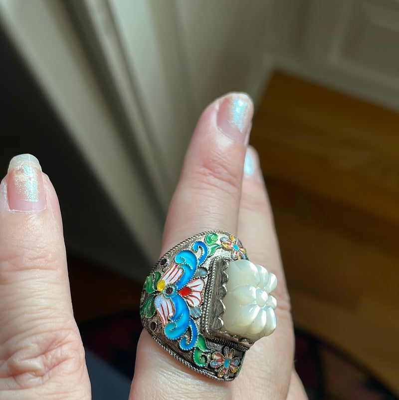 Carved Mother of Pearl Ring - Enamel - Sterling Silver - Vintage